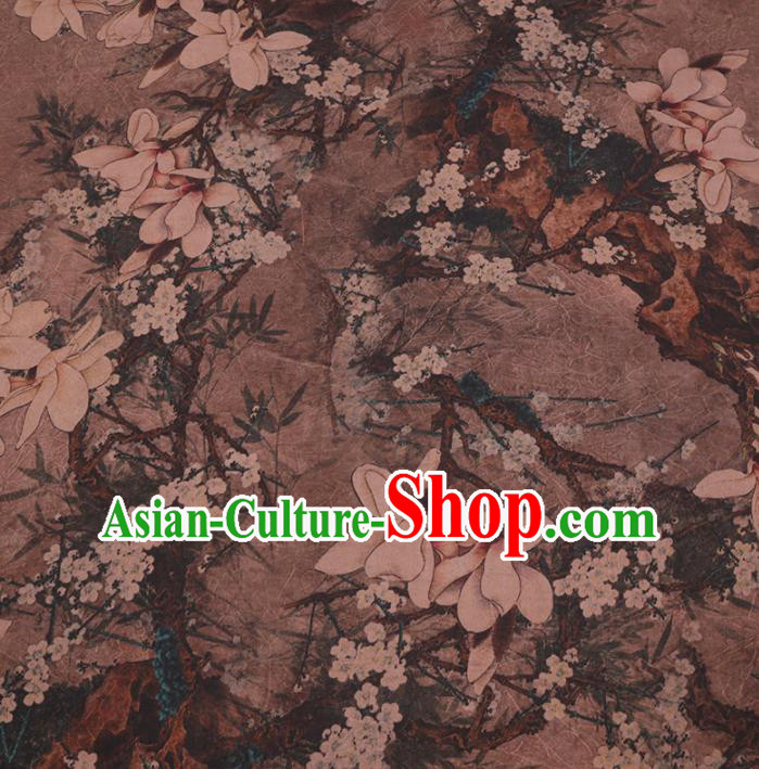 Traditional Chinese Gambiered Guangdong Gauze Silk Fabric Classical Magnolia Pattern Design Brocade Fabric Asian Satin Material