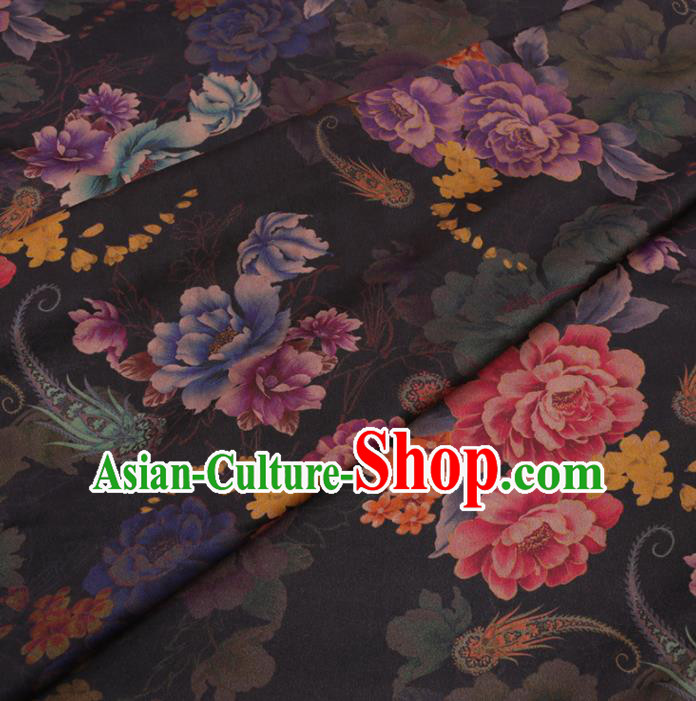 Traditional Chinese Black Gambiered Guangdong Gauze Classical Peony Pattern Design Silk Fabric