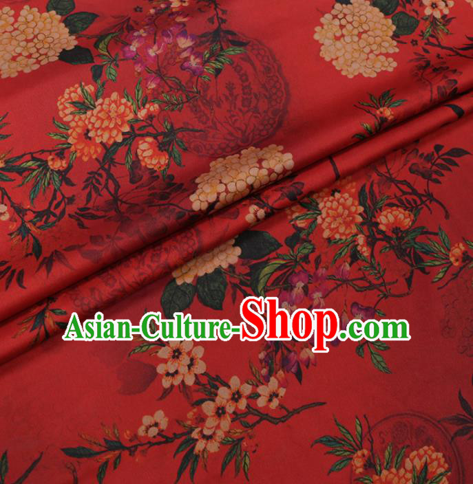 Traditional Chinese Classical Hydrangea Pattern Design Red Gambiered Guangdong Gauze Asian Brocade Silk Fabric