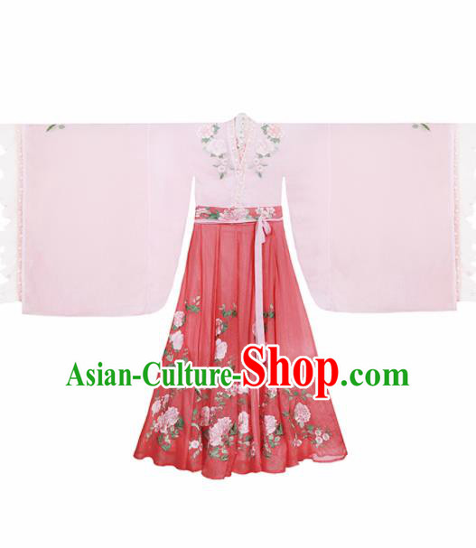 Ancient Chinese Legend Goddess Peony Pink Hanfu Dress Traditional Jin Dynasty Imperial Consort Embroidered Replica Costume for Women