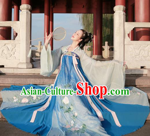 Ancient Chinese Court Princess Blue Hanfu Dress Traditional Tang Dynasty Embroidered Replica Costume for Women