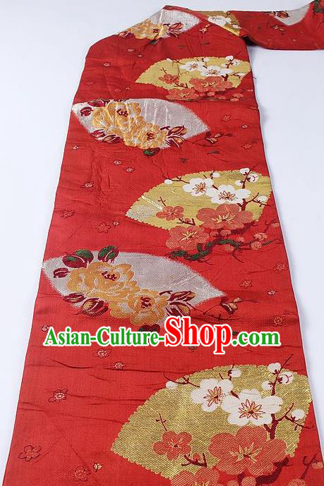Japanese Traditional Yukata Accessories Classical Plum Peony Pattern Red Brocade Belt Asian Japan Kimono Waistband for Women