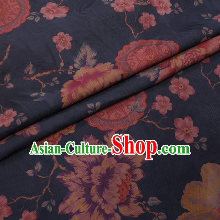 Traditional Chinese Classical Peony Pattern Design Navy Gambiered Guangdong Gauze Asian Brocade Silk Fabric