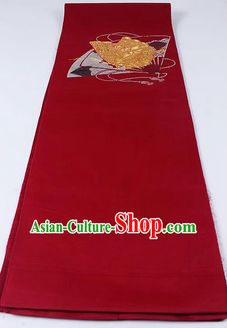 Japanese Kimono Accessories Classical Fan Pattern Wine Red Belt Asian Japan Traditional Ceremony Yukata Waistband for Women