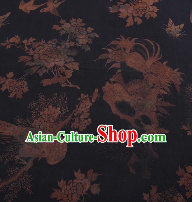 Traditional Chinese Classical Peacock Pattern Design Black Gambiered Guangdong Gauze Asian Brocade Silk Fabric