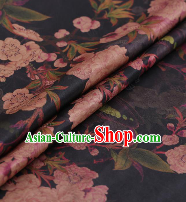 Traditional Chinese Classical Peach Blossom Pattern Design Black Gambiered Guangdong Gauze Asian Brocade Silk Fabric
