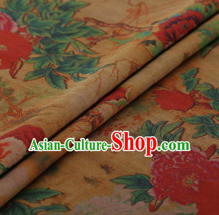 Traditional Chinese Classical Peony Pattern Design Yellow Gambiered Guangdong Gauze Asian Brocade Silk Fabric