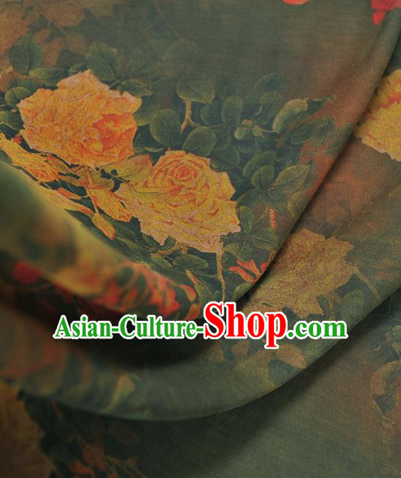 Chinese Traditional Classical Roses Pattern Design Green Gambiered Guangdong Gauze Asian Brocade Silk Fabric