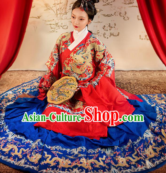Chinese Ancient Ming Dynasty Red Hanfu Dress Traditional Wedding Queen Embroidered Replica Costume for Women