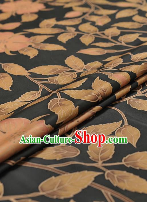 Chinese Traditional Classical Leaf Pattern Design Black Gambiered Guangdong Gauze Asian Brocade Silk Fabric
