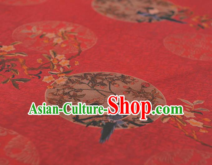Chinese Traditional Magpie Pattern Design Red Gambiered Guangdong Gauze Asian Brocade Silk Fabric