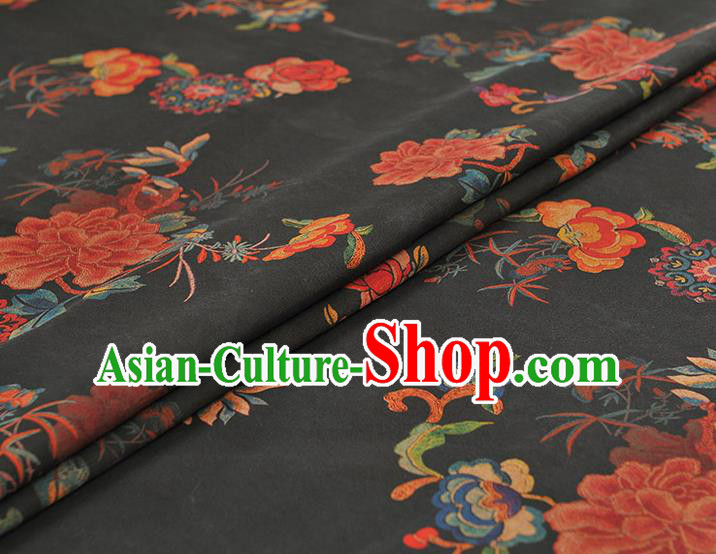 Chinese Traditional Peony Flowers Pattern Design Black Gambiered Guangdong Gauze Asian Brocade Silk Fabric