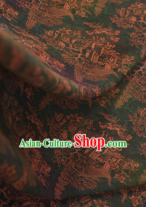 Chinese Traditional Tower Pattern Design Green Gambiered Guangdong Gauze Asian Brocade Silk Fabric