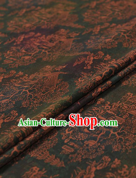 Chinese Traditional Tower Pattern Design Green Gambiered Guangdong Gauze Asian Brocade Silk Fabric