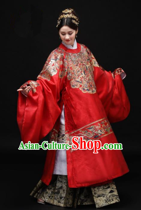 Chinese Ancient Ming Dynasty Wedding Bride Red Hanfu Dress Traditional Court Princess Embroidered Replica Costume for Women