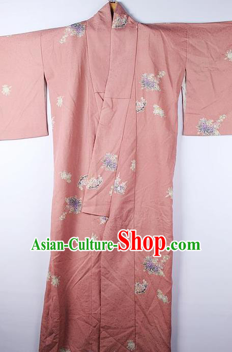 Asian Japanese National Printing Chrysanthemum Pink Furisode Kimono Ceremony Costume Traditional Japan Yukata Dress for Women