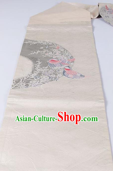 Asian Japanese Classical Mandarin Duck Pattern White Brocade Waistband Kimono Accessories Traditional Yukata Belt for Women