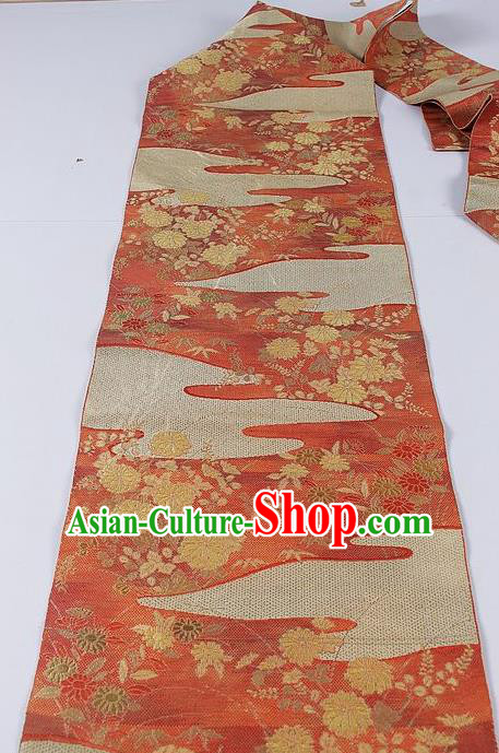 Asian Japanese Classical Chrysanthemum Pattern Orange Brocade Waistband Kimono Accessories Traditional Yukata Belt for Women