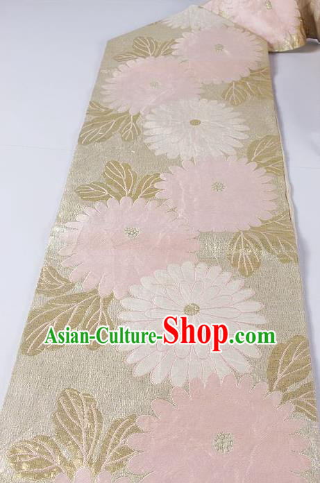 Asian Japanese Classical Chrysanthemum Pattern Beige Brocade Waistband Kimono Accessories Traditional Yukata Belt for Women