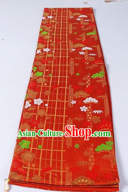 Asian Japanese Yukata Accessories Classical Sakura Pattern Red Brocade Belt Japan Traditional Kimono Waistband for Women