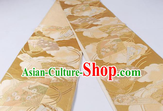 Asian Japanese Classical Maple Leaf Fan Pattern Golden Brocade Waistband Kimono Accessories Traditional Yukata Belt for Women