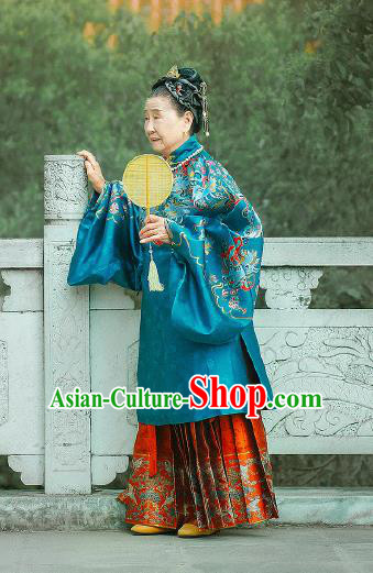 Chinese Ancient Ming Dynasty Palace Queen Blue Hanfu Dress Traditional Empress Dowager Embroidered Replica Costume for Women