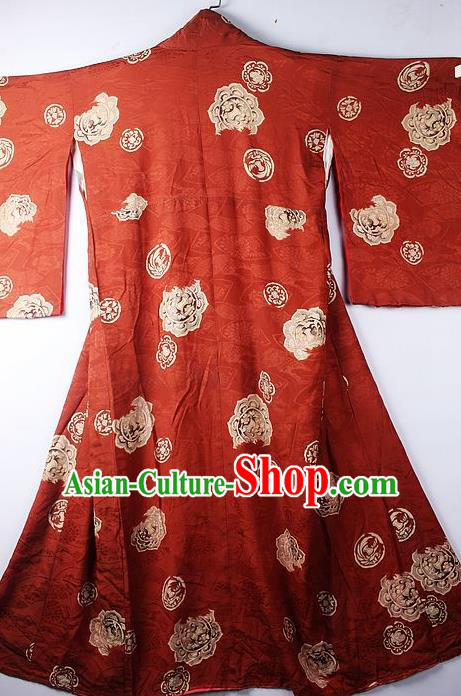 Asian Japanese Ceremony Clothing Classical Pattern Rust Red Kimono Traditional Japan National Yukata Costume for Men