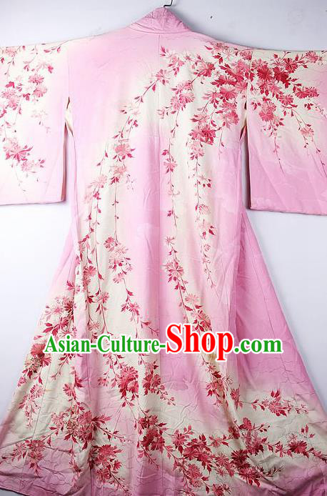 Asian Japanese National Printing Flowers Pink Furisode Kimono Ceremony Costume Traditional Japan Yukata Dress for Women