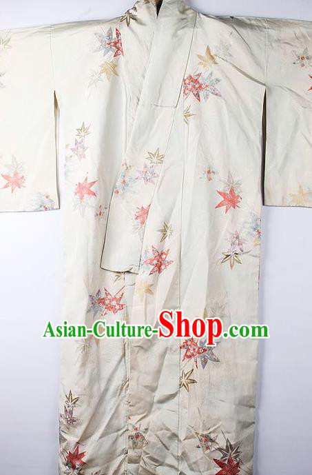 Asian Japanese National Printing Maple Leaf White Furisode Kimono Ceremony Costume Traditional Japan Yukata Dress for Women