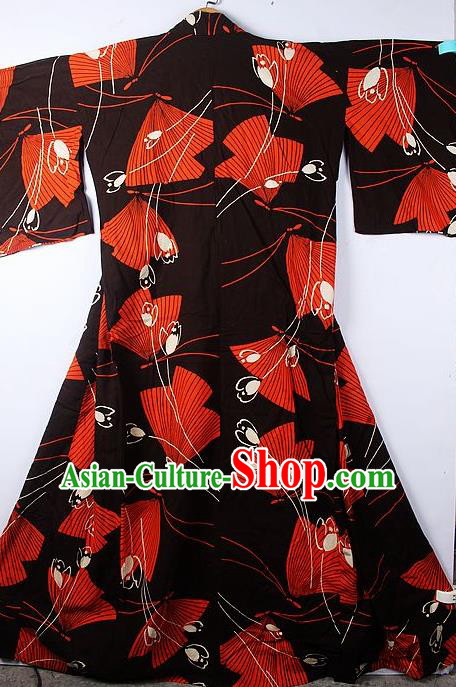 Asian Japanese Fans Pattern Dark Red Furisode Kimono Ceremony Costume Traditional Japan Yukata Dress for Women