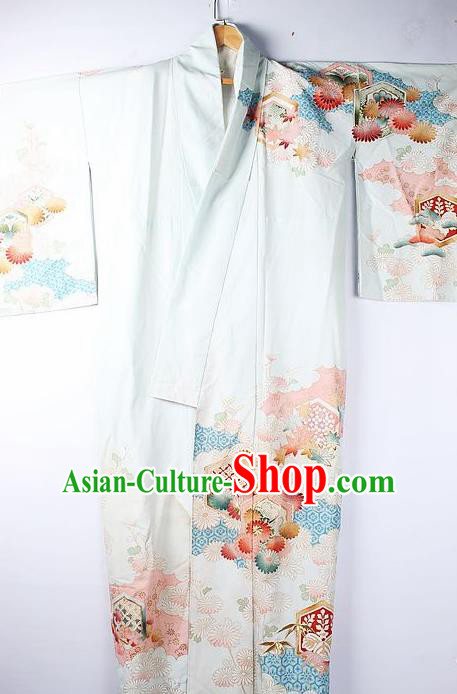 Asian Japanese National Iromuji Printing Daisy Light Blue Furisode Kimono Ceremony Costume Traditional Japan Yukata Dress for Women