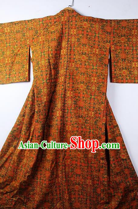 Asian Japanese Classical Pattern Orange Furisode Kimono Ceremony Costume Traditional Japan Yukata Dress for Women