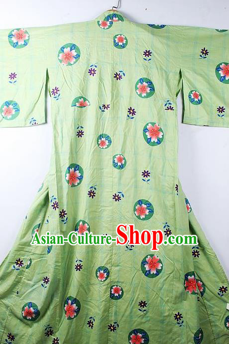 Asian Japanese Classical Sakura Pattern Green Furisode Kimono Ceremony Costume Traditional Japan Yukata Dress for Women