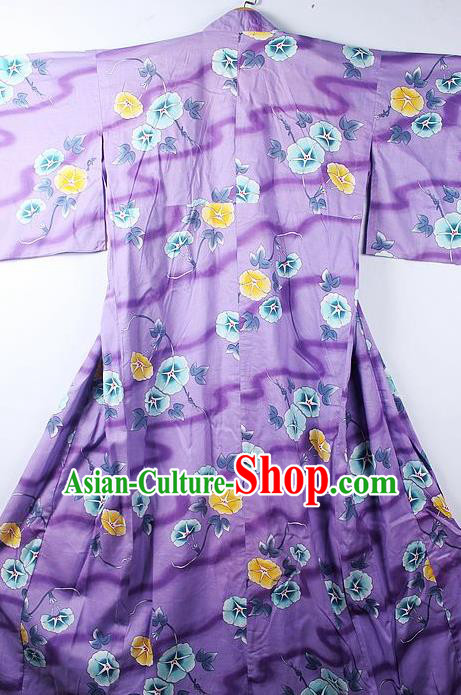 Asian Japanese Classical Petunia Pattern Purple Furisode Kimono Ceremony Costume Traditional Japan Yukata Dress for Women