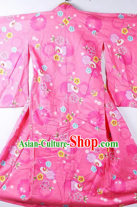 Asian Japanese Classical Sakura Pattern Rosy Furisode Kimono Ceremony Costume Traditional Japan Yukata Dress for Women