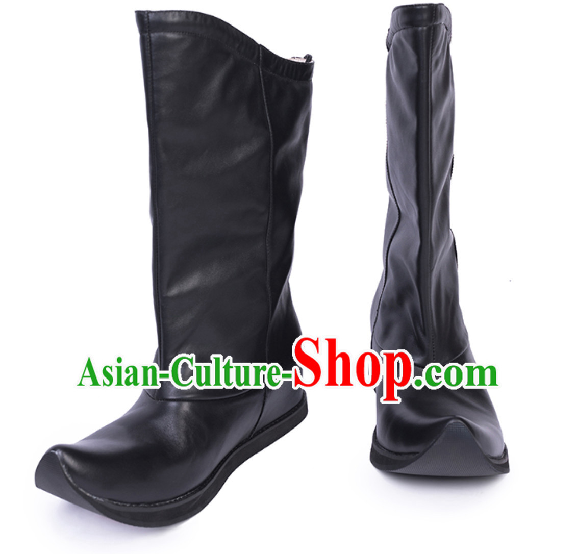 Ancient Chinese Style Long Black Leather Boots