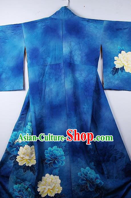 Asian Japanese Palace Peony Pattern Deep Blue Furisode Kimono Traditional Japan Yukata Dress for Women