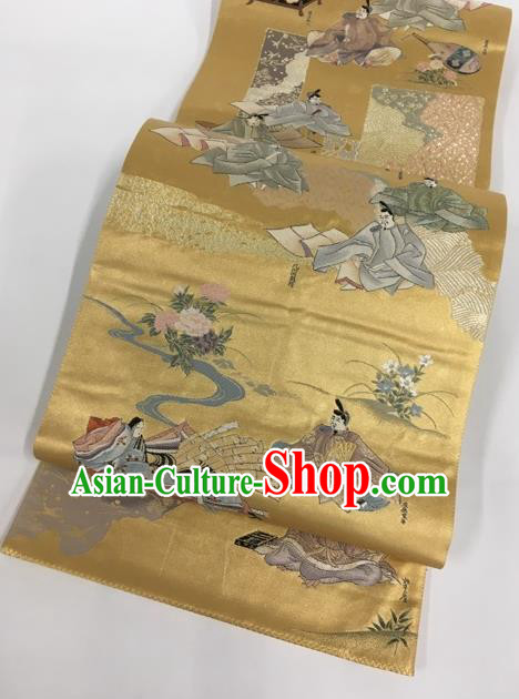 Japanese Traditional Classical Character Pattern Golden Waistband Kimono Brocade Accessories Asian Japan Yukata Belt for Women