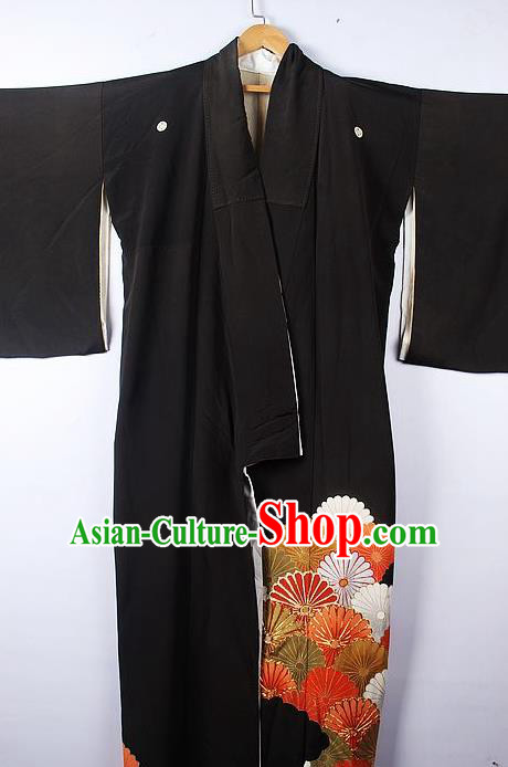 Asian Japanese Classical Chrysanthemum Pattern Black Yukata Robe Traditional Japan Kimono Costume for Men