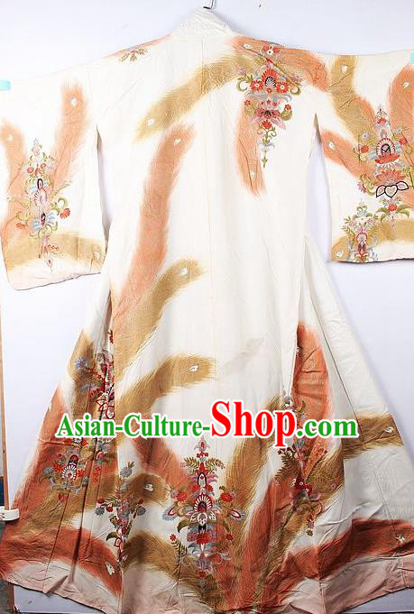 Asian Japanese Palace Feather Pattern White Furisode Kimono Traditional Japan Yukata Dress for Women