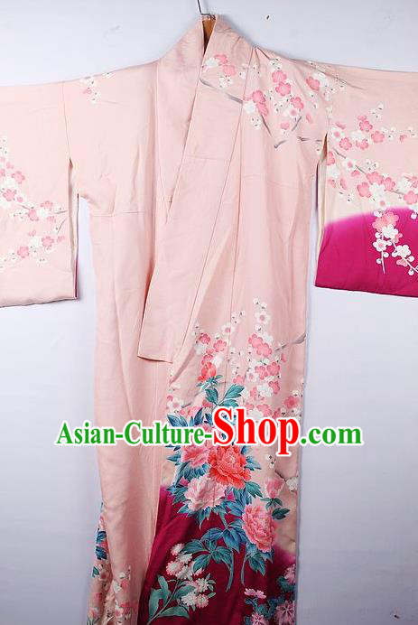 Asian Japanese Palace Peony Plum Pattern Pink Furisode Kimono Traditional Japan Yukata Dress for Women