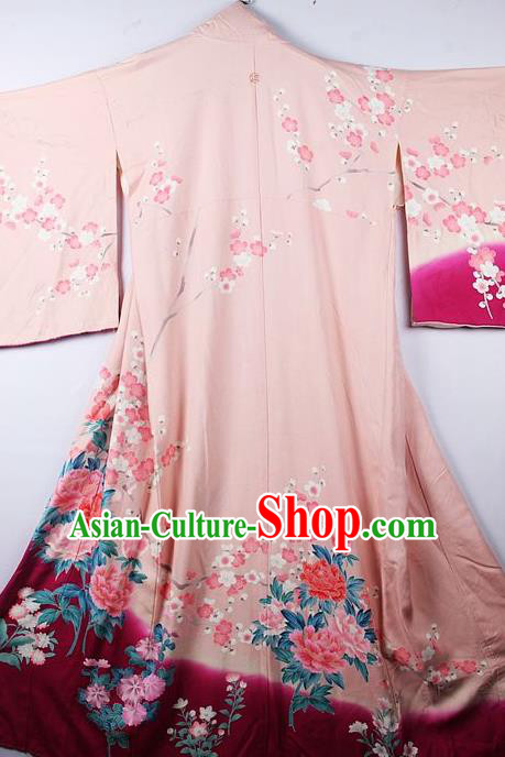 Asian Japanese Palace Peony Plum Pattern Pink Furisode Kimono Traditional Japan Yukata Dress for Women