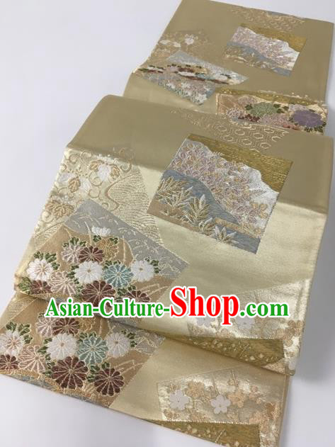 Japanese Traditional Classical Cornflowers Pattern Khaki Waistband Kimono Brocade Accessories Asian Japan Yukata Belt for Women