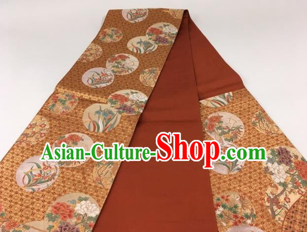 Japanese Traditional Classical Orchid Pattern Rust Red Waistband Kimono Brocade Accessories Asian Japan Yukata Belt for Women