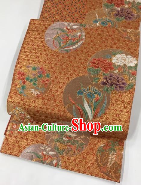 Japanese Traditional Classical Orchid Pattern Rust Red Waistband Kimono Brocade Accessories Asian Japan Yukata Belt for Women