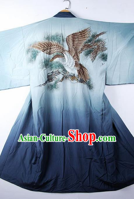 Asian Japanese Classical Eagle Pattern Blue Yukata Robe Traditional Japan Kimono Costume for Men