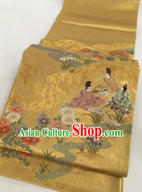Japanese Traditional Classical Camellia Pattern Golden Waistband Kimono Brocade Accessories Asian Japan Yukata Belt for Women