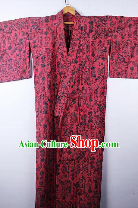 Asian Japanese Palace Pattern Rosy Furisode Kimono Traditional Japan Yukata Dress for Women