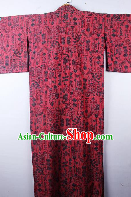 Asian Japanese Palace Pattern Rosy Furisode Kimono Traditional Japan Yukata Dress for Women