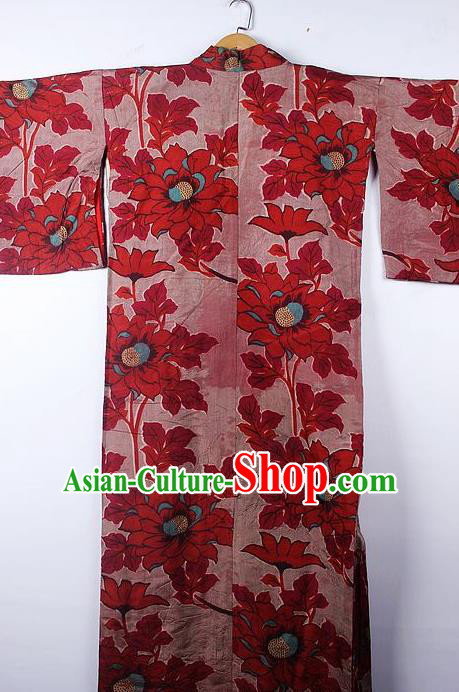Asian Japanese Palace Red Camellia Pattern Furisode Kimono Traditional Japan Yukata Dress for Women
